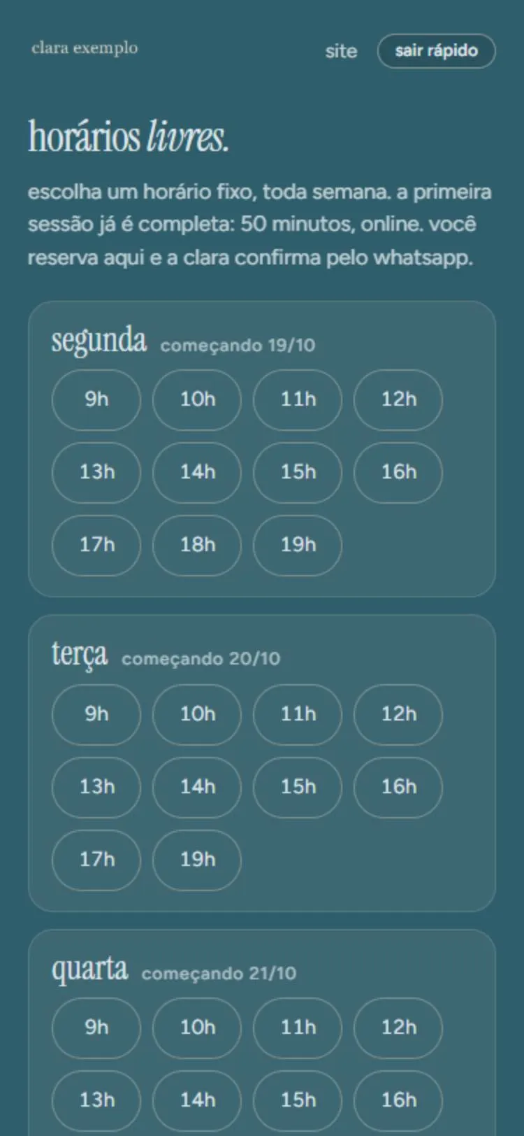 Página pública de horários livres no celular, com os dias e horas que a paciente pode reservar