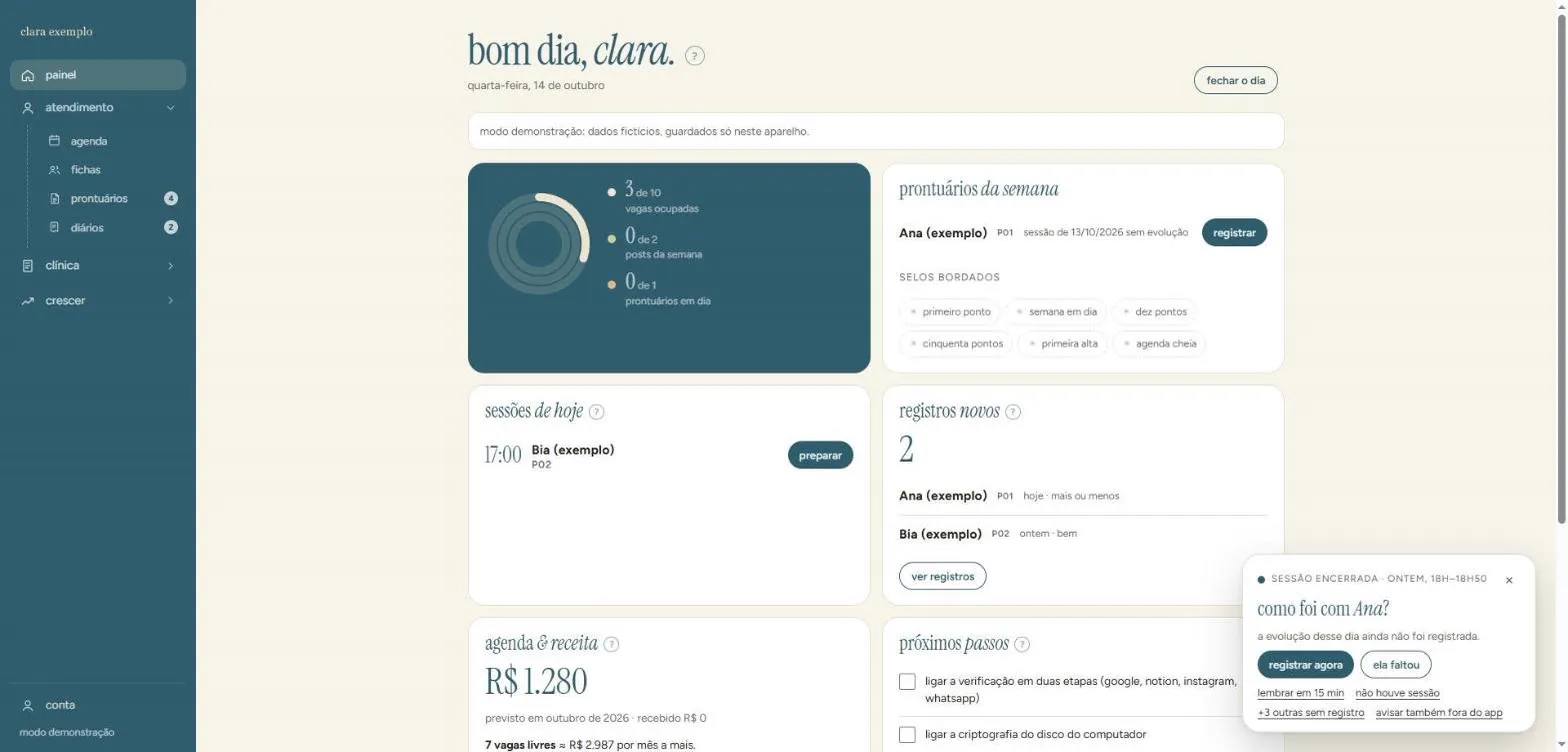 Painel do Bastidor: anéis da semana, prontuários pendentes, sessões de hoje, registros novos das pacientes e o aviso de sessão encerrada no canto